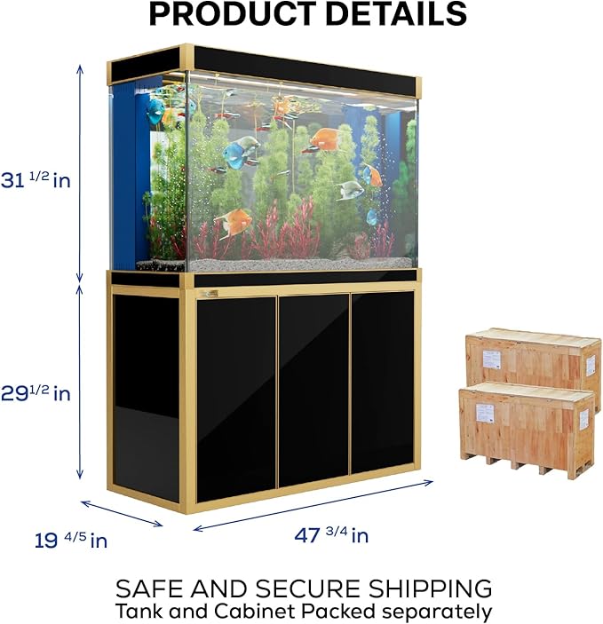135 Gallon Aquarium Fish Tank with Upright Fishtank Stand Water Pump Freshwater Filter LED Bundle and Straight Corners Clear Glass - Black with Gold Trims