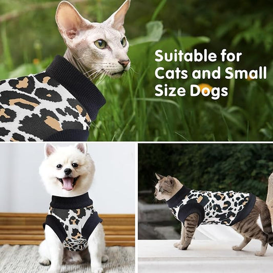Idepet Cat Clothes Kitten Sweater Soft Kitten Shirt Cute Leopard Print Kitty Vest Pullover Pajamas Jumpsuit Cotton Apparel for Hairless Cats &Puppy (White,L)