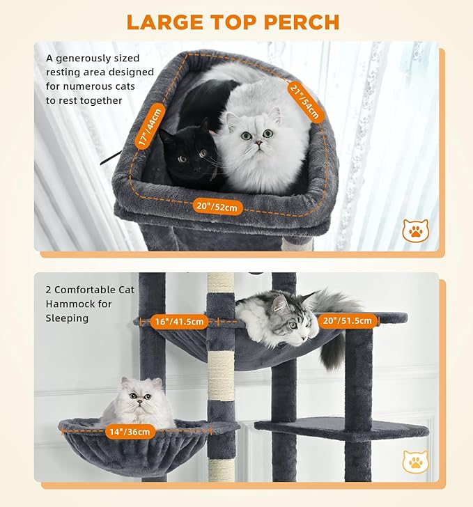 Made4Pets Tall Cat Tree, 71 Inches Cat Tree Tower for Indoor Cats Large Adult, Plush Multi-Level Cat Tower with 5 Scratching Posts, 2 Hammock, Condo and Perch, Big Cat House Indoor, Dark Grey