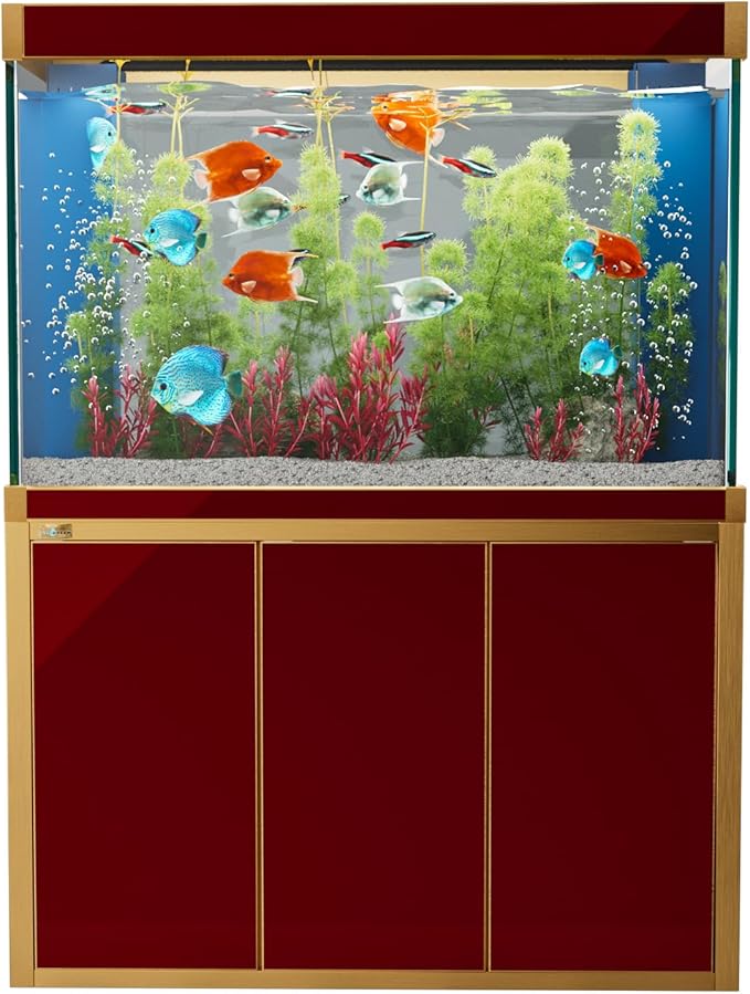 135 Gallon Aquarium Fish Tank with Upright Fishtank Stand Water Pump Freshwater Filter LED Bundle and Straight Corners Clear Glass - Red with Gold Trims