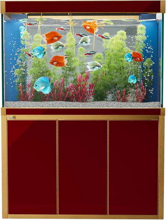 135 Gallon Aquarium Fish Tank with Upright Fishtank Stand Water Pump Freshwater Filter LED Bundle and Straight Corners Clear Glass - Red with Gold Trims