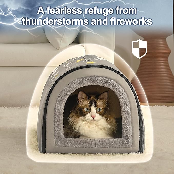 Jiupety Cozy Small Pet Dog House, 2 in 1 Puppy House, S Size for Cat and Puppy, Warm Cave Sleeping Nest for Cats and Dogs, S(14"×12"×11"), Up to 5 Lb, Grey