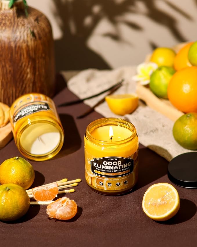 AOOVOO Citrus & Lemon 2 Pack Odor Eliminating Highly Fragranced Candle - Eliminates 95% of Pet, Smoke, Food and Other Smells Quickly, Air Freshing Soy Candle, 18 oz Up to 100 Hours Burn time
