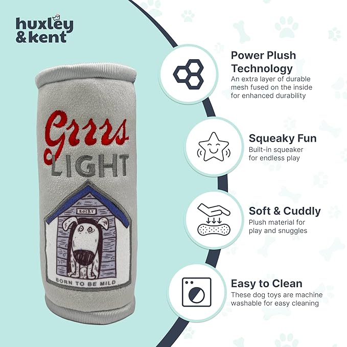Huxley & Kent Funny Dog Toy w/Squeaker – Power Plush Squeaky Dog Toys for Small, Medium & Large Dogs – Soft Stuffed Animal for Indoor Play & Fetch - Grrrs Light, Small