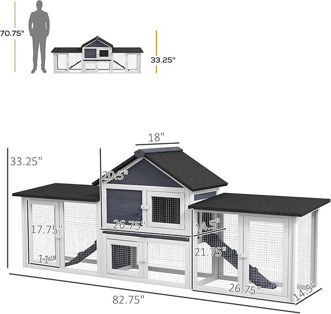 PawHut 83" L Outdoor Rabbit Hutch, Guinea Pig Cage Indoor Outdoor Wooden Bunny Hutch with Double Runs, Weatherproof Roof, Removable Tray, Ramps, Dark Gray