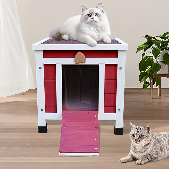 Waterproof Cat House for Outdoor Cats, Wooden Small Pet House Outside, Weatherproof Feral Cat Shelter with Elevated Floor and Lockable Door - Red