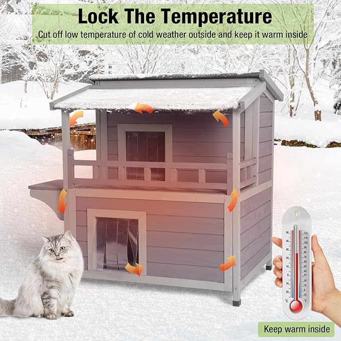 Outdoor Cat House Weatherproof Cat Shelter with Insulated Liner for Winter,Two Story