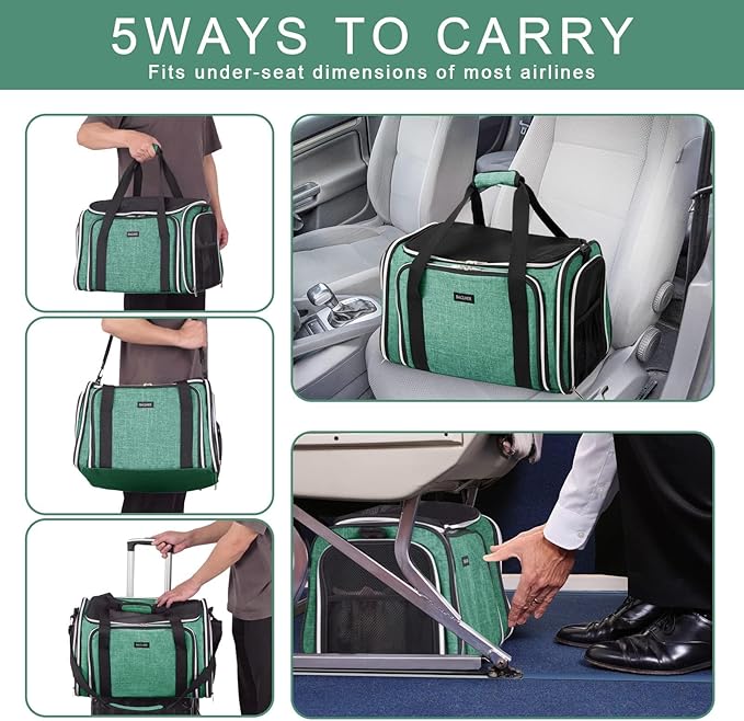 BAGLHER Expandable Cat Carrier with Travel Litter Box, Pet Travel 5 Sides Open Doors 3 Sides, Leak-Proof and Collapsible, for Car, Airplane Trip, Green