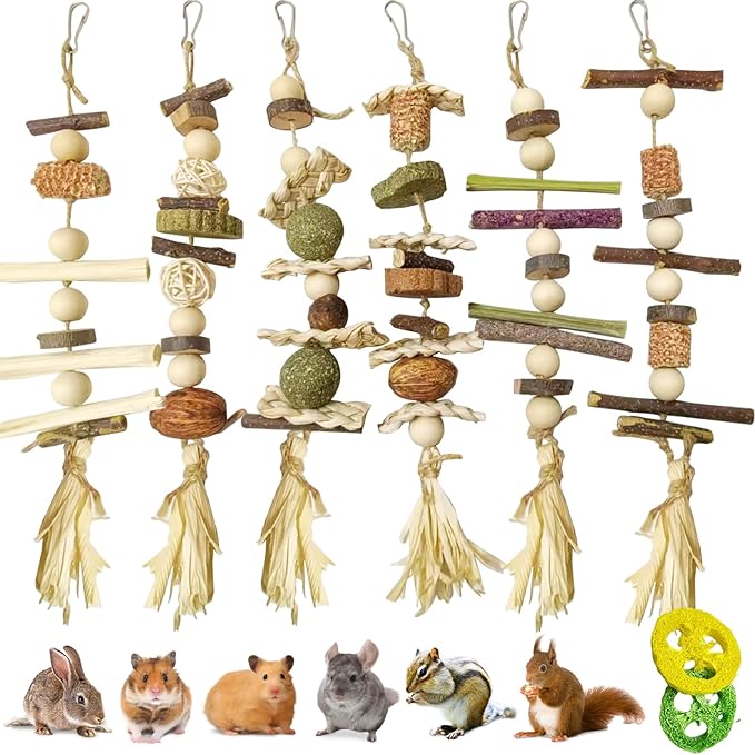 6PCS Bunny Chew Toys, Hamster Rabbit Cage Hanging Chew Toys, Natural Apple Wood Bunnies Treats, Improve Small Animal Teeth Health for Guinea Pig Chinchilla Ferret Rats Gerbil