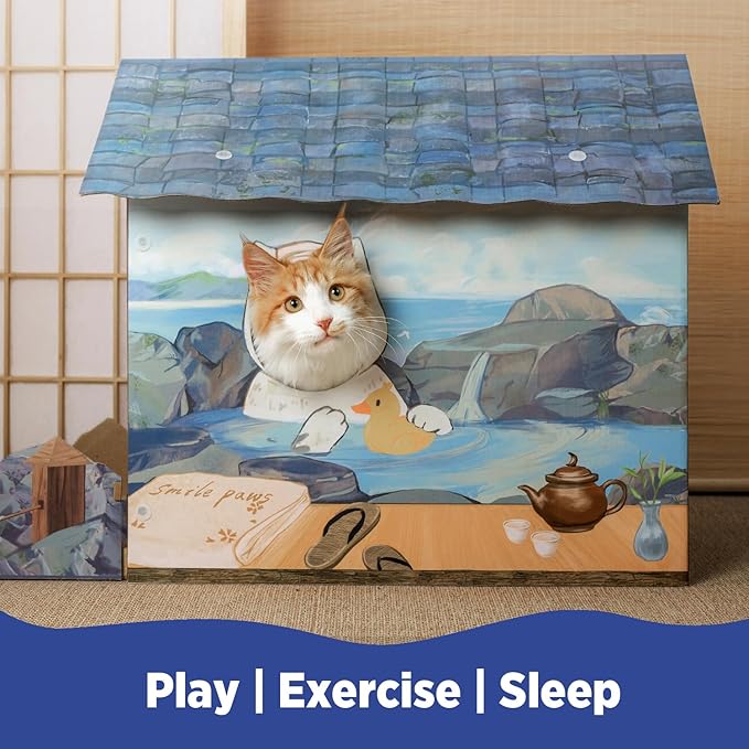 Cat Beds for Indoor Cats, Cardboard Cat House with Scratchers, Onsen Hotel, Large Sturdy Cat Furniture Condo Cave Tent, Easy to Assemble Pet Toys Accessories Stuffs, Bunny Small Animals