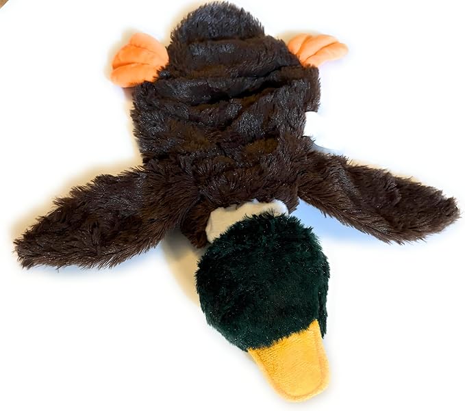 Plush Duck Dog Toy, Stuffless Design with Squeaker, Brown and Green