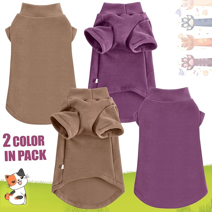 Idepet Sphynx Cats Sweater 2 Pack,Turtleneck Hairless Cat Shirt Soft and Warm Kitten Clothes with Sleeves Pullover Pet Winter Pajamas Jumpsuit for Cat Puppy (Purple&Brown, X-Large)