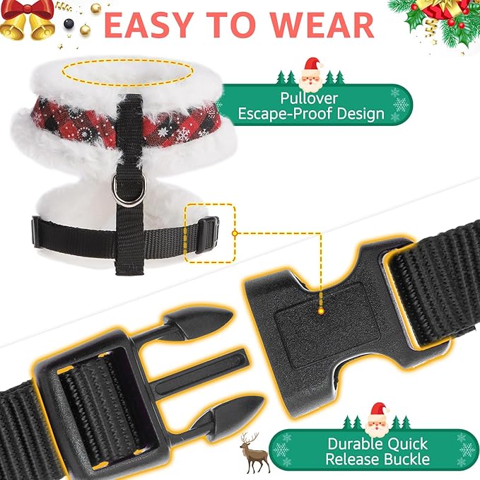 SCENEREAL Dog Christmas Harness Collar and Leash Set, Warm Fleece No Pull Puppy Vest Harnesses No Chock Adjustible Step in Small Pet Halter for Outdoor Walking Training, Black Red Plaid S