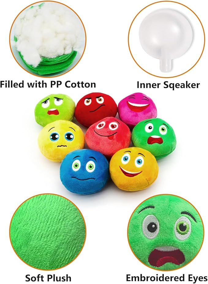 Squeaky Dog Toys, Stuffed Plush Puppy Toy Balls to Keep Them Busy, (8 Pack) Interactive Funny Pet Ball with Squeaker for Puppies Small Breed Medium Dogs