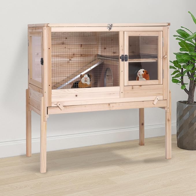 GUTINNEEN Wooden Rabbit Hutch Bunny Cage Guinea Pig Cage with Legs for Indoor & Outdoor, 2-Story Small Animal Cage with Leakproof Pull-Out Tray for Bunnys, Guinea Pigs, Hamsters (Natural Wood)