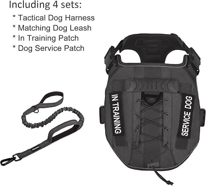 Petmolico Tactical Dog Harness with Leash, No Pull Dog Harness with Hook and Loop Panels for Hiking Training Military Service Dog Harness with Patches for Small Dogs, Black S