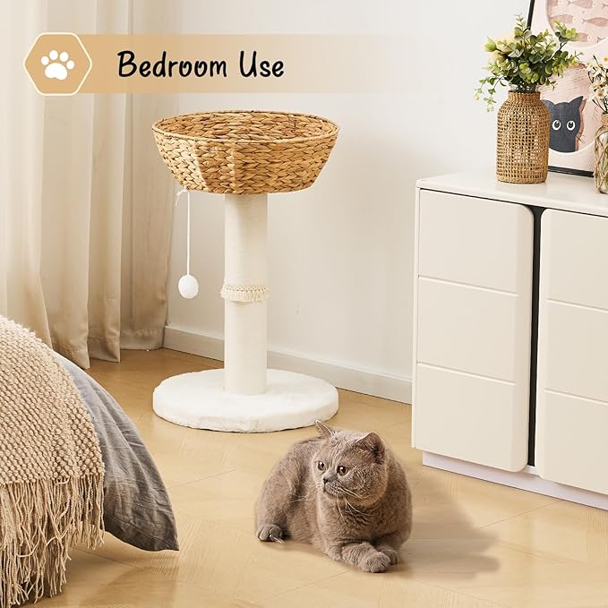 Cat Tree Tower, Natural Material Cat Condo with Handwoven Nest Basket Bed, Cotton Scratching Post, Funny Hanging Toy Ball, 2 Sides Cushion Top Perch, Water Hyacinth