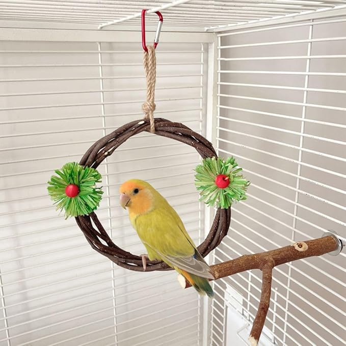 Bird Swing Branch Rings Swing Bird Toy Birdcage Hanging Corn Husk Perch Toy Cage Accessories for Lovebird Budgies Chewable Toy Parrot Pecking Toy (S)