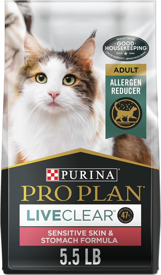 Purina Pro Plan Allergen Reducing, Sensitive Skin & Stomach, High Protein Cat Food, LIVECLEAR Turkey and Oatmeal Formula - 5.5 lb. Bag