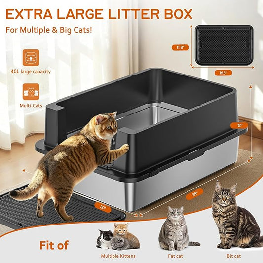 Stainless Steel Litter Box - 28" Extra Large XXXL Cat Litter Box with High Sides, Non-Sticky & Anti-Leakage for Big Cats/Multiple Cats, Includes Heavy Duty Metal Scoop (Black)