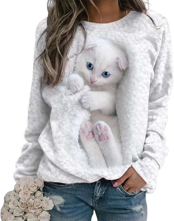 IVERIRMIN Women's 3D Cute Cat Print Sweatshirt Casual Long Sleeve Crewneck Cute Cat Pullover Loose Fit Shirts
