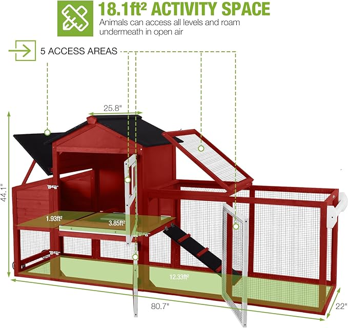GUTINNEEN Chicken Coop Mobile Chicken House with Wheels Expandable Wooden Hen House 80.7" Outdoor Rabbit Hutch Movable with Large Nesting Box for 2-4 Chickens (Red)