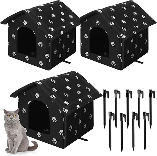 Soaoo 3 Pcs Cat Houses for Outdoor Stray Cats Shelter Weatherproof Outside House Indoor Foldable Pet Cave with Tent Stakes for Wild Animal Dogs(Paw Style)