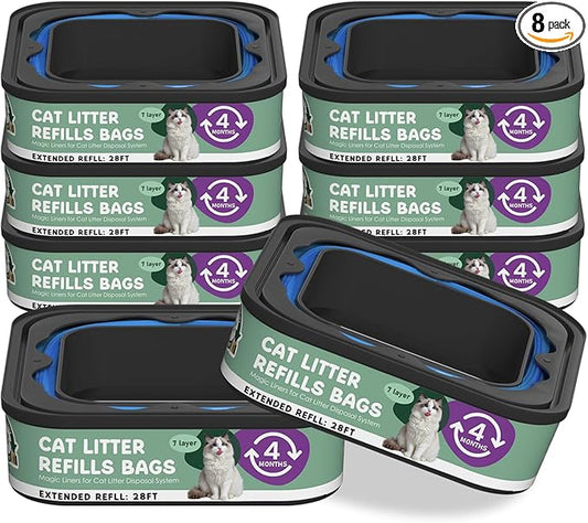 Cat Litter Refill Bags Cartridge 28FT, Compatible with Litter Cat Genie Standard, Plus, XL, XL+ Pail Refills, 7-Layer Odor Control Pet Waste Bags 8 Pack