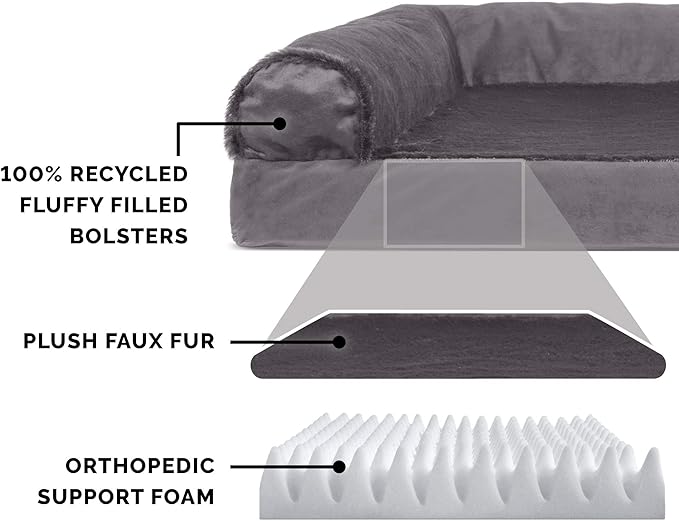 Furhaven Orthopedic Dog Bed for Large Dogs w/ Removable Bolsters & Washable Cover, For Dogs Up to 95 lbs - Plush & Velvet L Shaped Chaise - Platinum Gray, Jumbo/XL