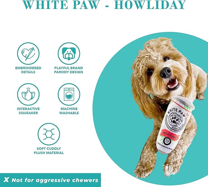 Haute Diggity Dog White Paw Howliday Plush Dog Toy for Small, Medium & Large Dogs, Interactive Funny Holiday Squeaky Toys, Soft, Durable, Machine-Washable, Safe & Cute Birthday Gift for Dogs, One Size