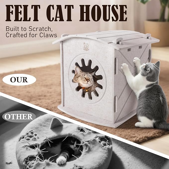 Apasiri Cat Houses for Indoor Cats: Felt Cat House Cave Cathouse, 15x14x15Inch Scratch-Resistant Bed Warm Insulated Covered, Hideaway Tent for Anxiety Relief Gift