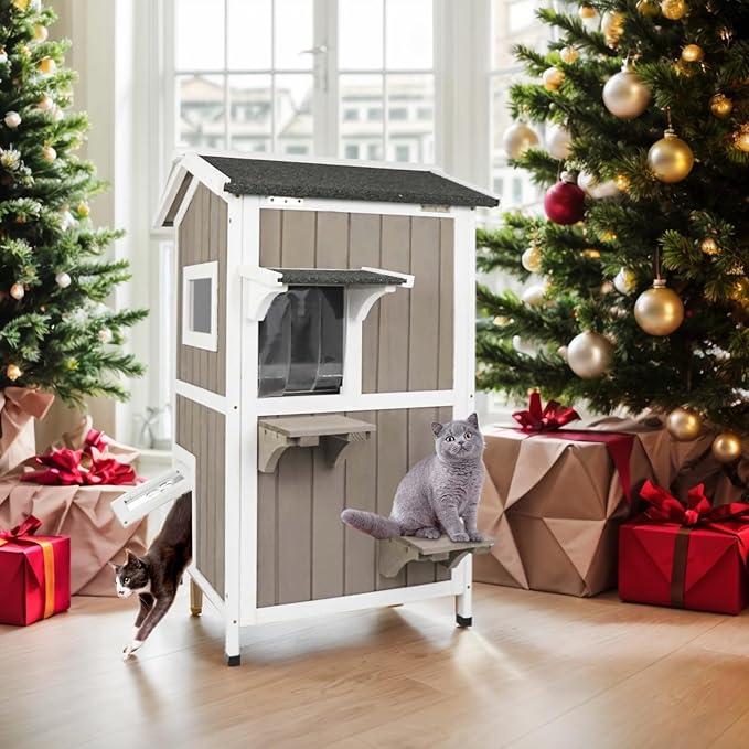 Outdoor Cat House Weatherproof Cats Shelter for Feral Kitten Pet Houses for 1-2 Small Animlas 2 Story Wooden Houses for Indoor Outdoor Cats with Escape Doors (23.5" L x 27" W x 38" H Grey)