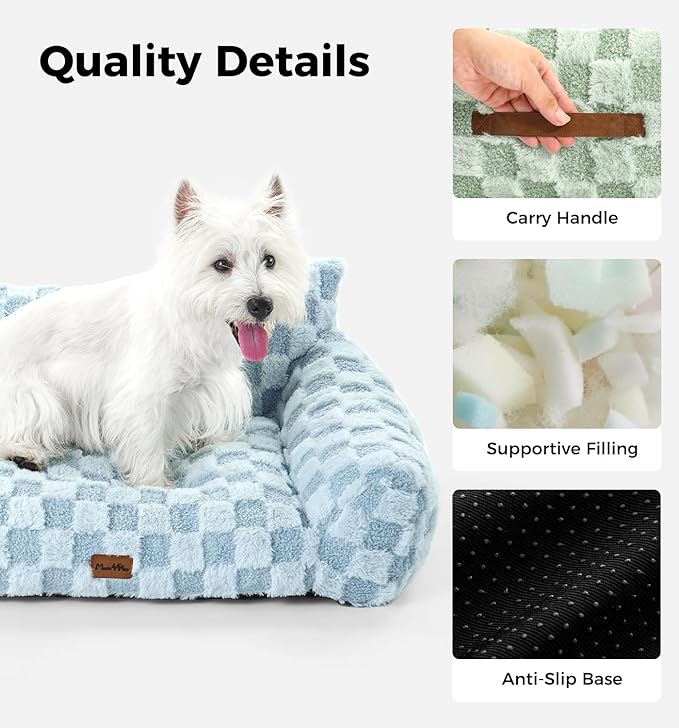 MADE 4 PETS Dog Couch Bed, Soft Faux Fur Checkered Indoor Pet Sofa, Comfortable Fluffy Dog Sofa with Supportive Foam, Removable Washable Cover with Non-Slip Base, Blue, Large