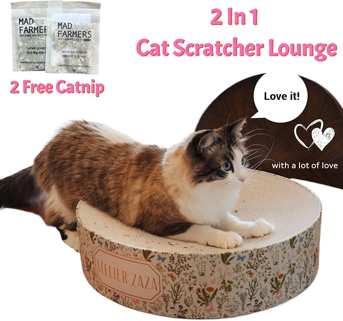 17.7"x17.7" Cat Scratcher Cardboard Bed Lounge Couch for Indoor Cats, Large Cat Scratching Board, Round Shape Scratch Pad Bed W/Catnip - Sweden Recycable Paper, Floral Pattern