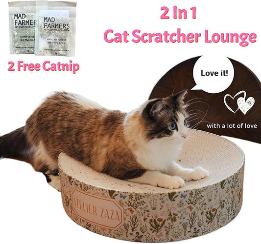 17.7"x17.7" Cat Scratcher Cardboard Bed Lounge Couch for Indoor Cats, Large Cat Scratching Board, Round Shape Scratch Pad Bed W/Catnip - Sweden Recycable Paper, Floral Pattern