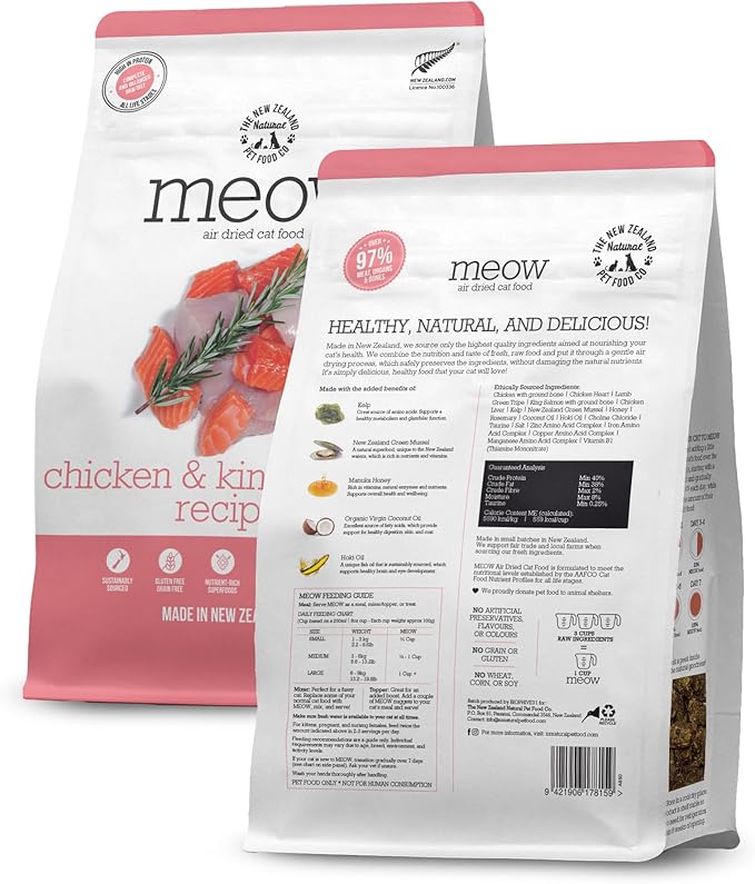 The New Zealand Natural Pet Food Co Meow Air Dried Cat Food - Chicken & King Salmon Recipe, Dry Cat Food, High Protein Meals, Treats & Toppers,26.5 oz