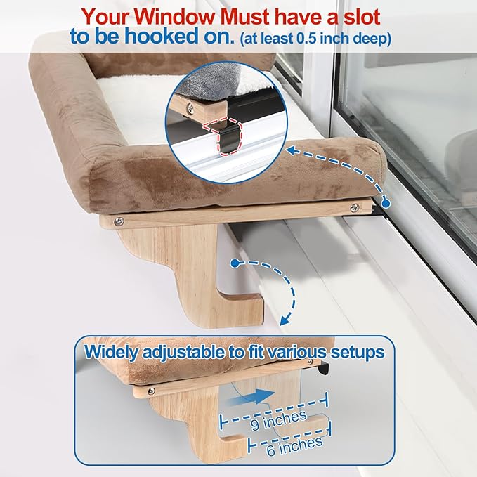 Zakkart Cat Perch for Window Sill with Bolster - Orthopedic Hammock Design with Premium Hardwood & Robust Metal Frame - Cat Window Seat for Large Cats and Kittens - Natural Color Wood with Brown Bed