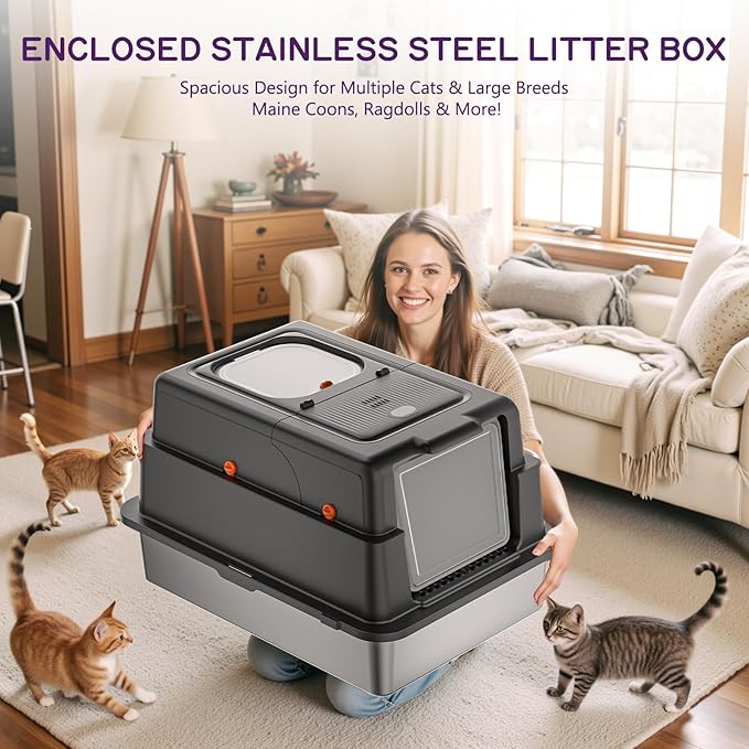 Stainless Steel Litter Box with Lid, 28" XXXL Large Cat Litter Box Enclosed for Multiple Cats, Odor Control with Carbon Filters, Anti-Leak High Sided, Includes Removable Lid & Scoop, Black