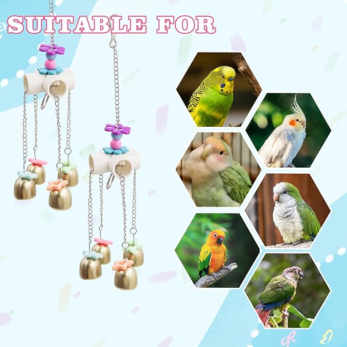 2 Pack Bird Enrichment Toys, Bird Chew Toys with Colorful Decor and Shining Bells, Bird Cage Accessories for Budgies, Cockatiels, Lovebirds, Conures, Quakers, Small to Medium Birds