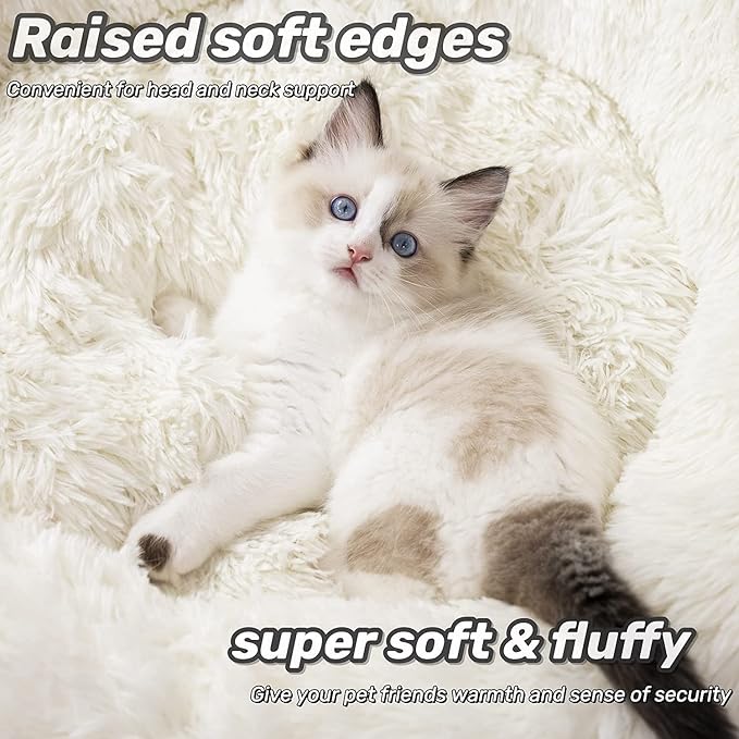 Anti Anxiety Round Fluffy Plush Faux Fur Warm Washable Dog Bed & Cat Bed, Original Bed for Small Medium Large Pets,Used to Relieve Joints and Improve Sleep（20"/24"/27''） (20", White)