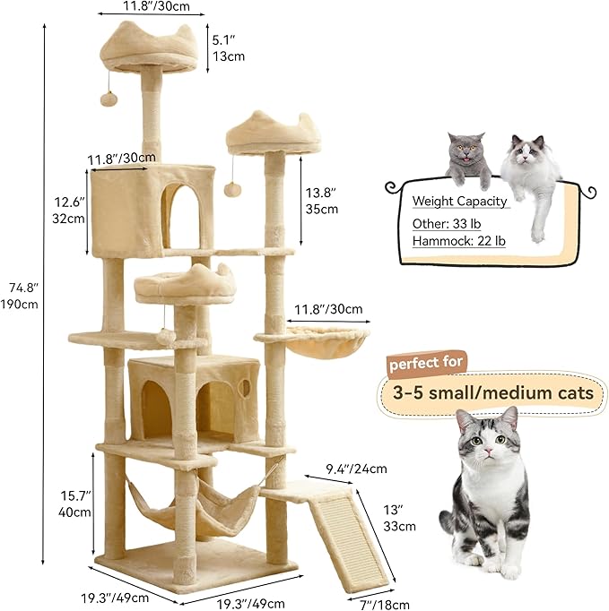 DWVO 75 in Multi-Level Cat Tower: Tall Cats Tree for Indoor Kittens, Pet Furniture with Kitty Condos, Top Perches, Sisal Ramp Scratching Posts, Cozy Basket, Hammocks, Beige