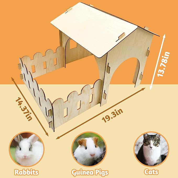 Fhiny Wooden Rabbit Castle Hideout with Fence, Small Animal Rest and Play House Hideaway with Window Detachable Rabbit Bed Hut Bunny Castle for Indoor Chinchilla Guinea Pig Hedgehog