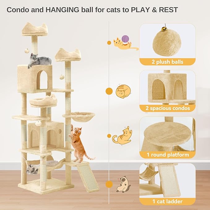DWVO 75 in Multi-Level Cat Tower: Tall Cats Tree for Indoor Kittens, Pet Furniture with Kitty Condos, Top Perches, Sisal Ramp Scratching Posts, Cozy Basket, Hammocks, Beige