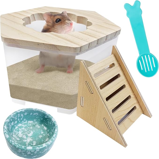 Hamiledyi Hamster Sand Bath Box Transparent Gerbil Digging Sand Container Acrylic Small Dwarf & Syrian Hamster Shower Bathtub with Climbing Ladder Bowl and Scoop Cage Accessories for Lemmings (Flower)