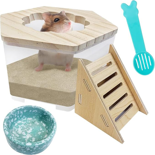 Hamiledyi Hamster Sand Bath Box Transparent Gerbil Digging Sand Container Acrylic Small Dwarf & Syrian Hamster Shower Bathtub with Climbing Ladder Bowl and Scoop Cage Accessories for Lemmings (Flower)