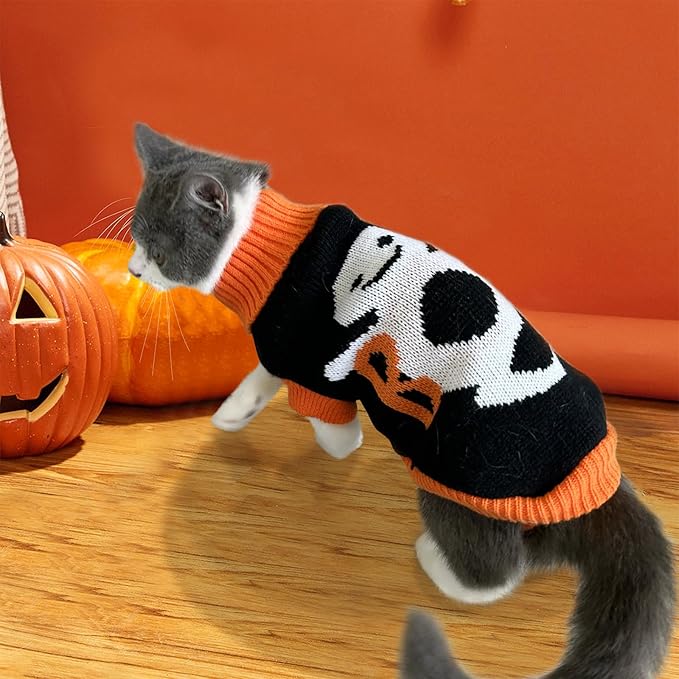 2Pcs Halloween Dog Sweaters Kitten Cat Knitwear Puppy Cat Halloween Pumpkin Ghost Sweater Pet Halloween Sweater Clothes Outfit Costume for Kittens Cats Puppies Small Medium Dogs XS