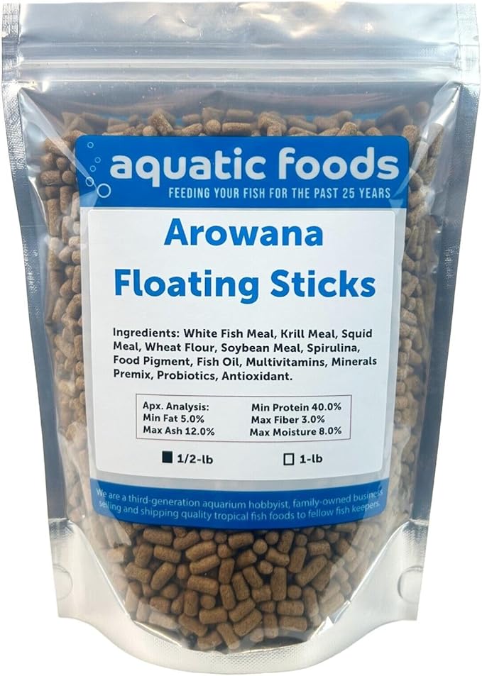 Aquatic Foods Inc. Arowana 3/8" x 7/32" 40% Protein Floating Sticks for Arowana, Oscars, Flower Horns, Red Parrots All Central and South American Cichlids...WL…1/2-lb Foil Pouch Bag