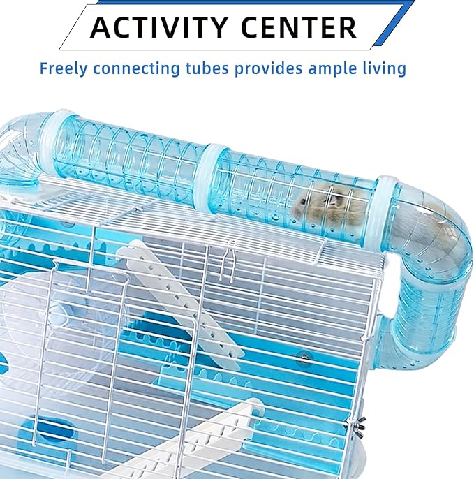 Tfwadmx Dwarf Hamster Cage Small Hamster Habitat Mouse Home Small Animal Cage with Tube Exercise Wheel Hut Rat Habitat for Gerbils Mice 18.5“x11.8”x11.8“ Transparent/Blue