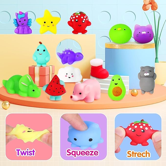 100Pcs Mochi Squishy Toys, Kawaii Squishies Fidget Toys Pack - Stress Relief Toys Party Bags Fillers for Box Toys for Classroom Prizes Kids, Christmas Party Favors Stocking Stuffers Gifts(Random)