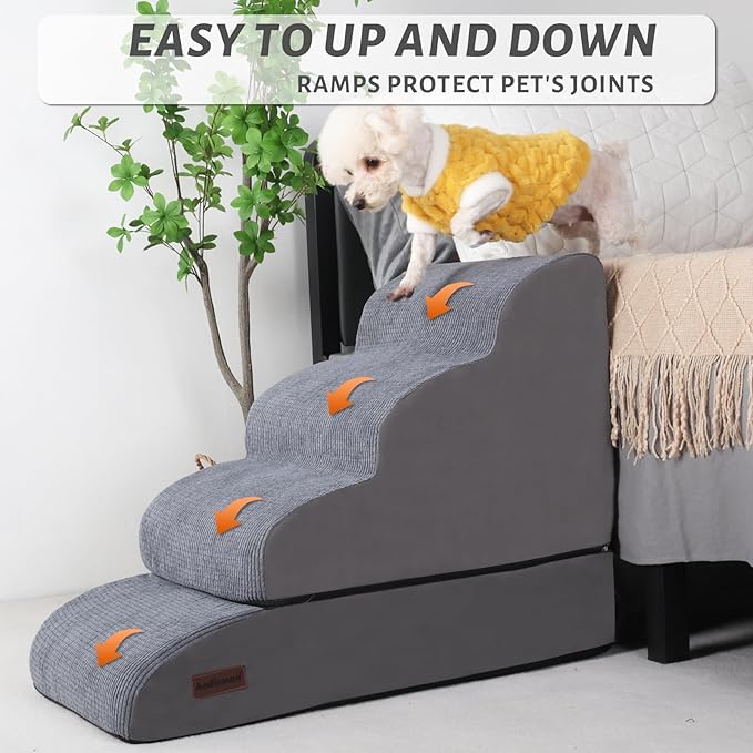 4-Step Dog Stairs and Ramp for Beds or Couches – Non-Slip Sturdy Pet Steps for Small Dogs and Cats,21" H,Grey